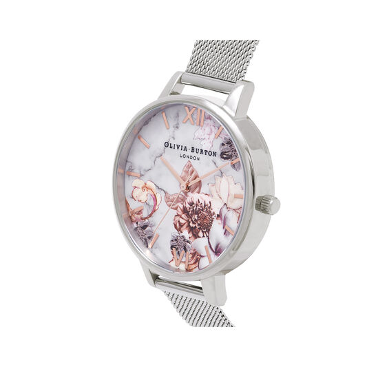 Marble Floral Silver Mesh Watch
