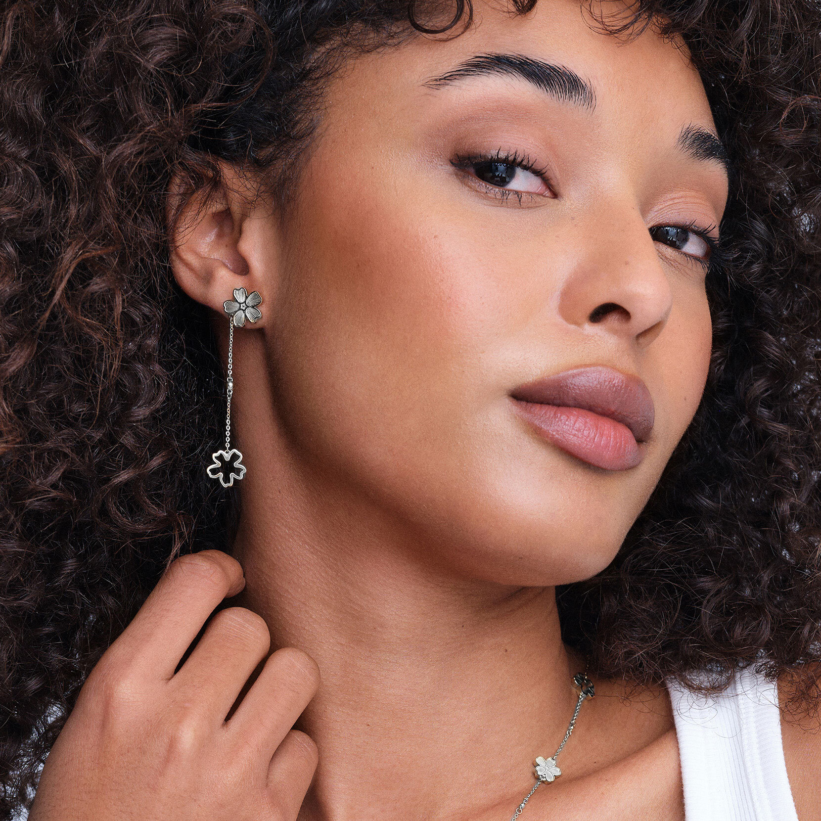 Forget Me Not Floral Silver Tone Drop Earrings