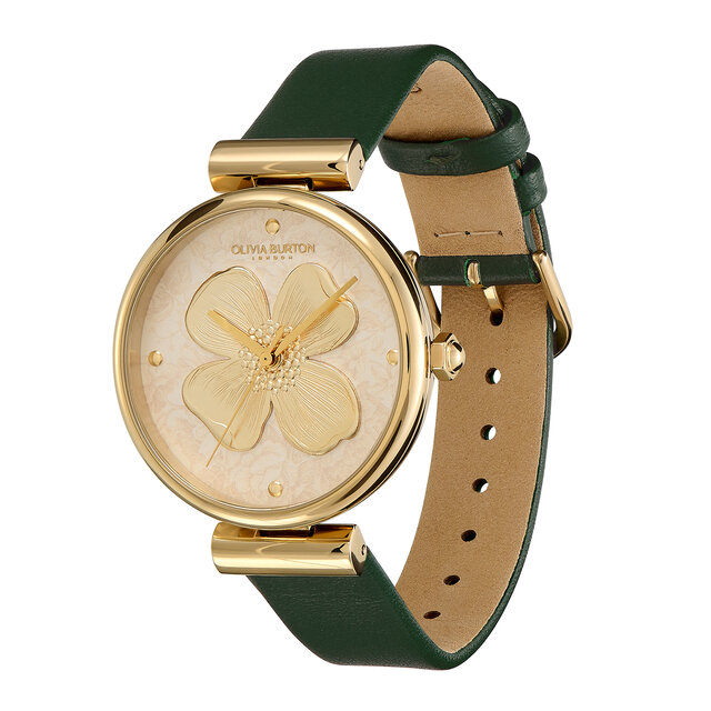 Montre Fleur de cornouiller avec fermoir en T et bracelet en cuir Or et Vert 36 mm