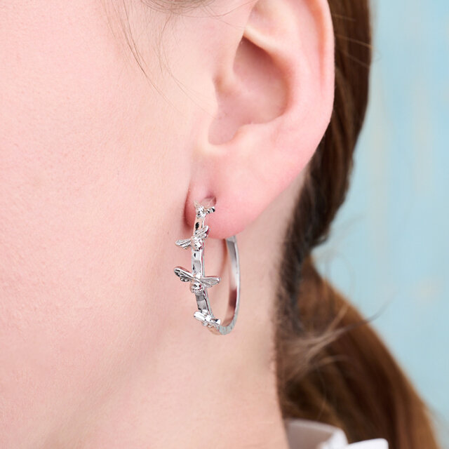 Silver Bee Hoop Earrings