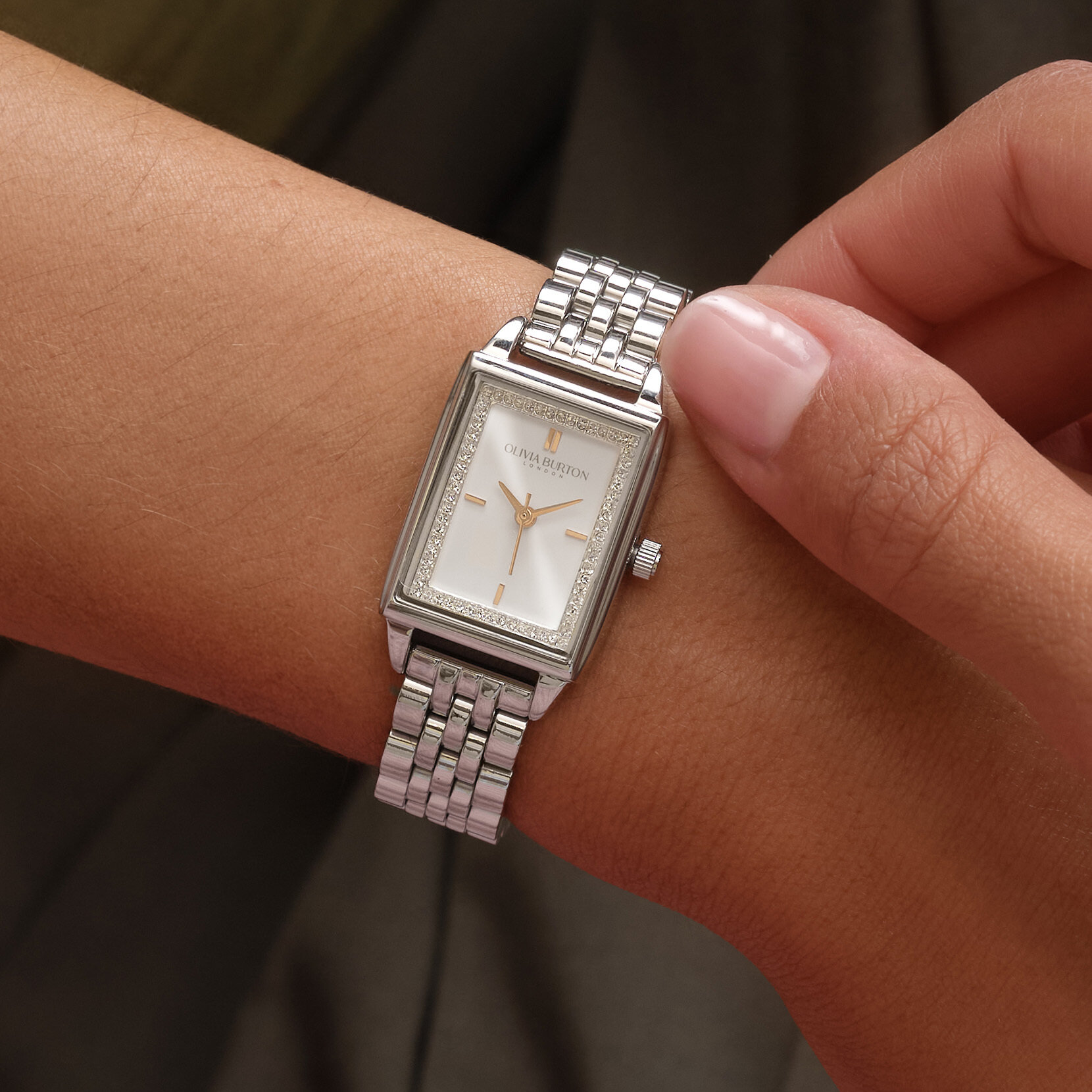 Montre Townhouse rectangulaire blanc à bracelet argent 21 mm