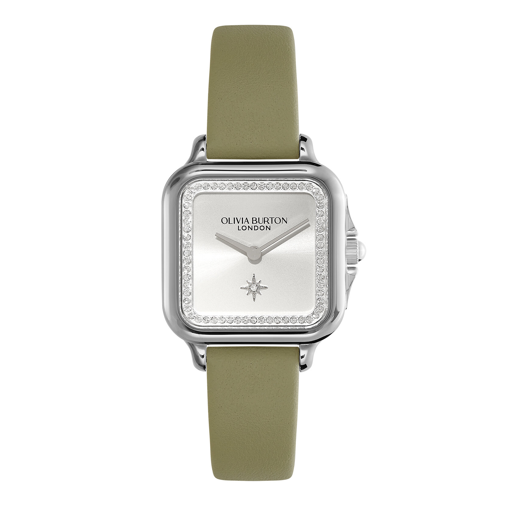 Montre Grosvenor Argent & Bracelet en Cuir Vert Sauge 28 mm