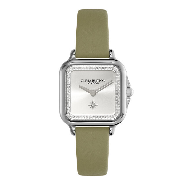 Montre Grosvenor Argent & Bracelet en Cuir Vert Sauge 28 mm