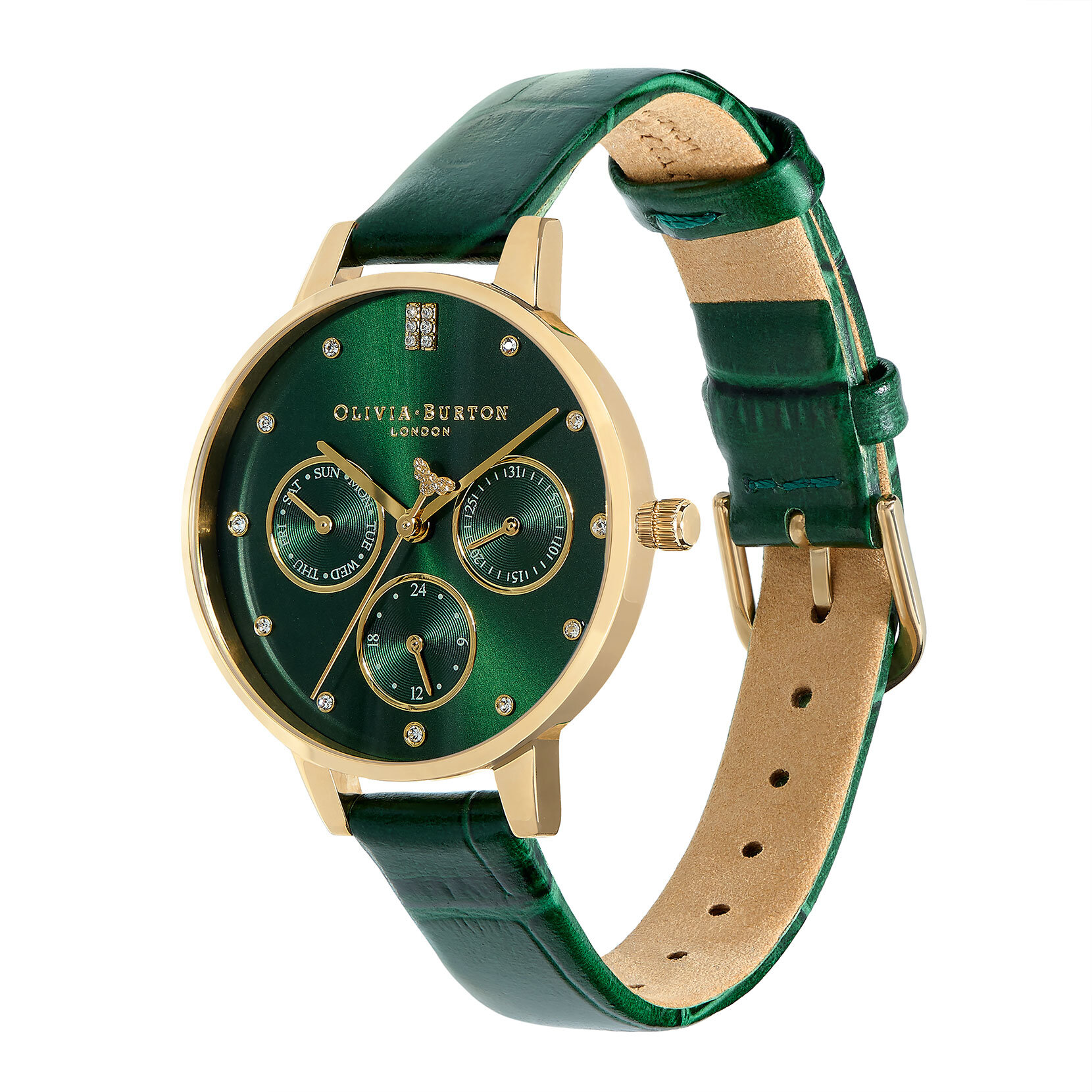 Montre Multifunction or à bracelet cuir vert forêt 34 mm