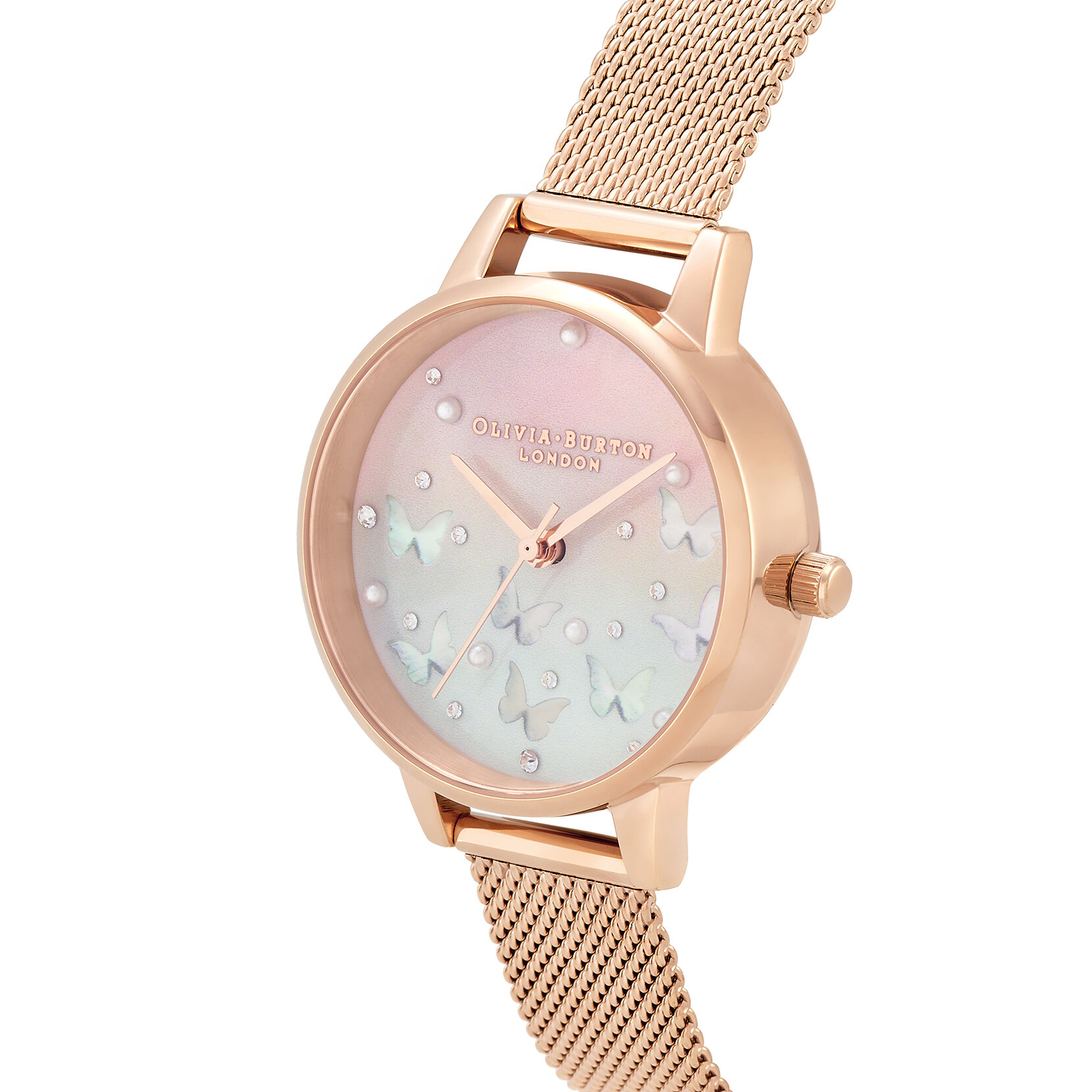 Montre Sparkle Butterfly à cadran Midi blanc poudré et nacre bleue et bracelet milanais or rose