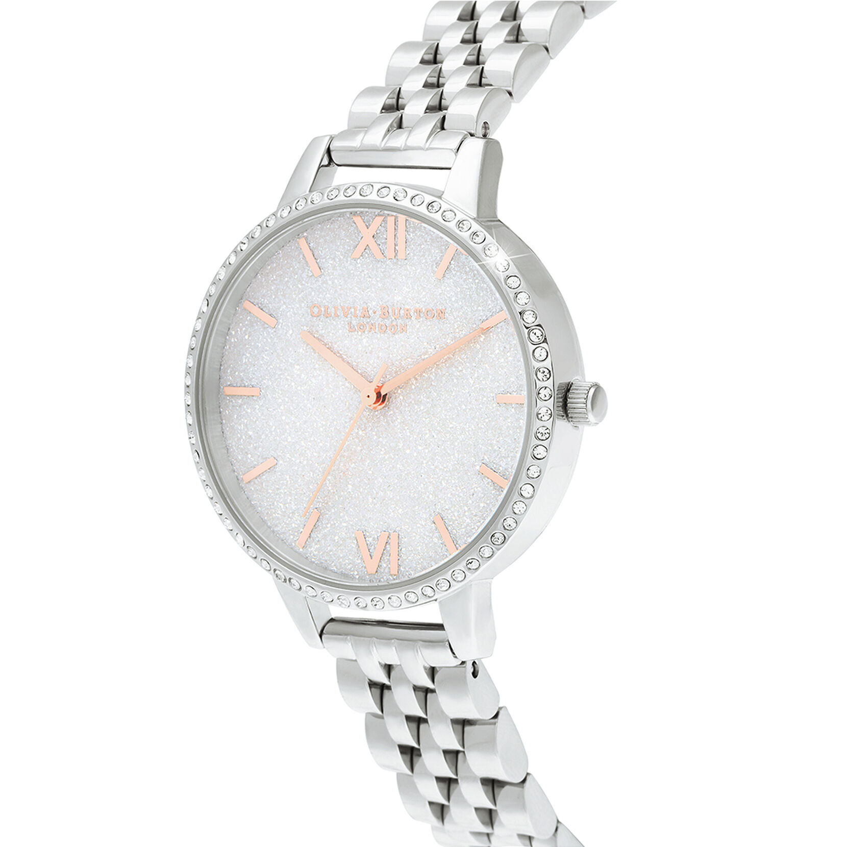 Bracelet en or rose et argent cadrant mi pailleté blanc lunette scintillante