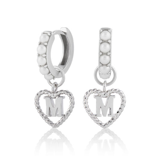 Faux Pearl Heart Initial Huggie Hoop Silver