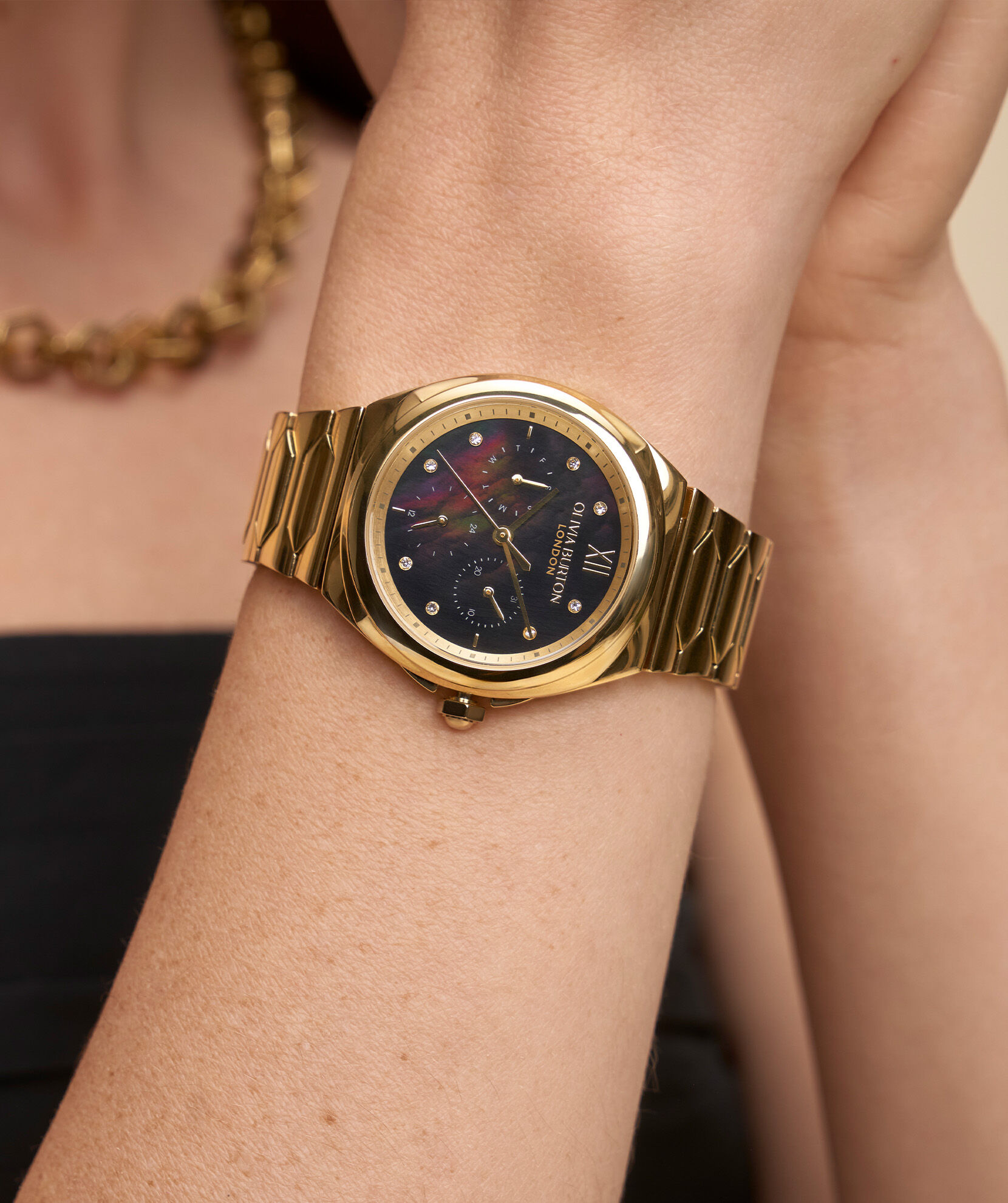 Sports Luxe 36mm Lustre Multi Function Black Gold Bracelet Watch Olivia Burton London