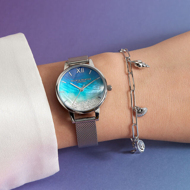 Wishing Waves Midi Dial Blue Silver Mesh Watch Olivia Burton London