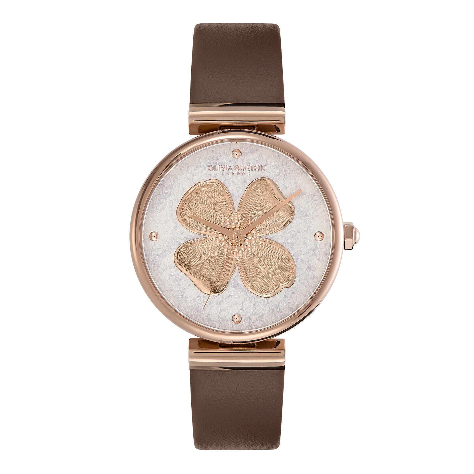 Montre Fleur de cornouiller avec fermoir en T et bracelet en cuir Or rose et Champignon 36 mm