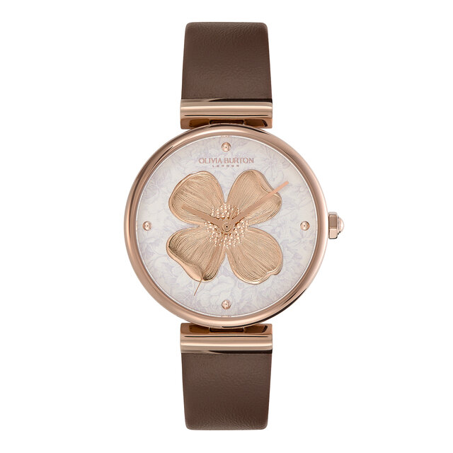 Montre Fleur de cornouiller avec fermoir en T et bracelet en cuir Or rose et Champignon 36 mm