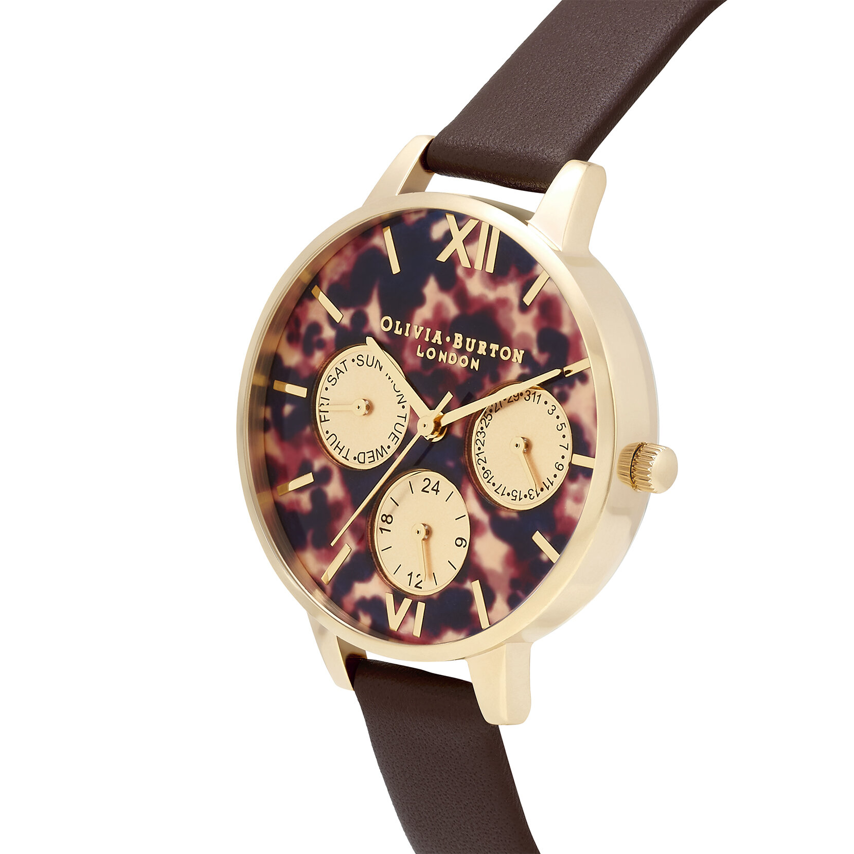 Montre Tortoiseshell Multi Function à cadran Demi brun foncé et or