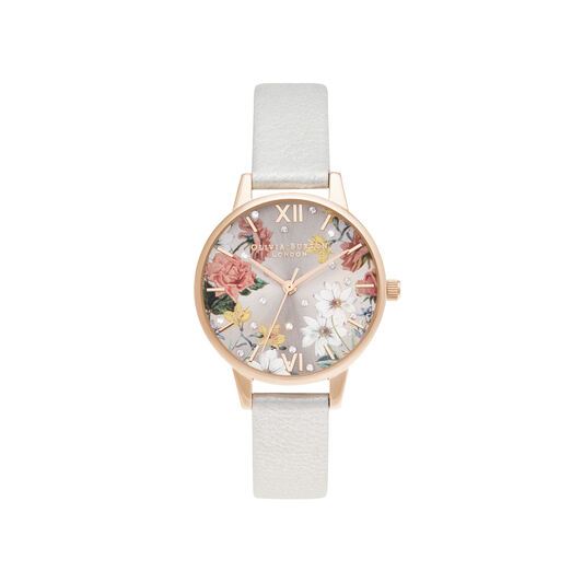 Sparkle Florals 30mm Rose Gold & Pink Leather Strap Watch
