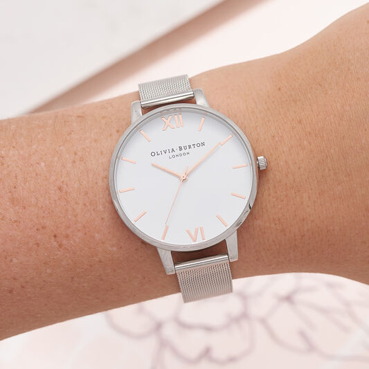 White Dial Rose Gold & Silver Mesh Watch