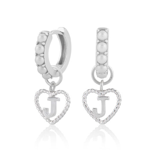 Faux Pearl Heart Initial Huggie Hoop Silver