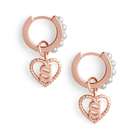 Faux Pearl Heart Initial Huggie Hoop Rose Gold