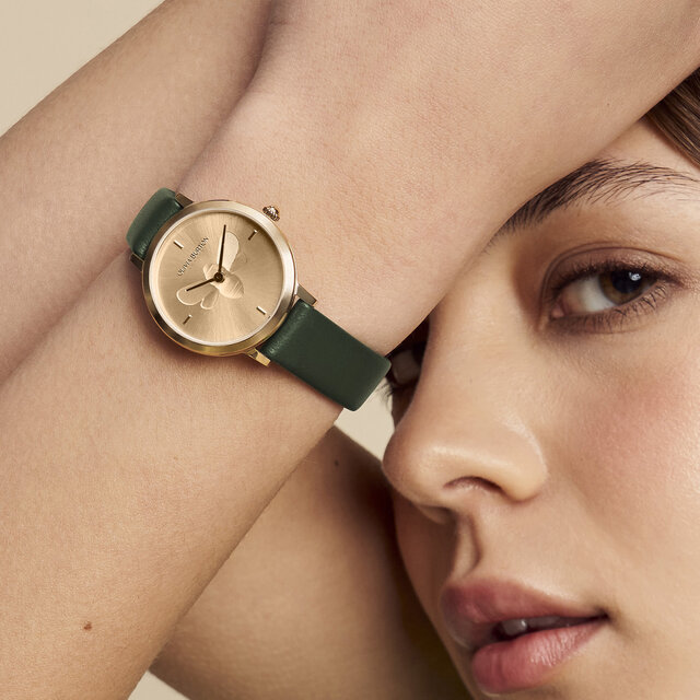 Montre Abeille ultra fine avec bracelet en cuir Or et Vert 28 mm