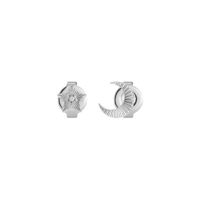 Celestial Mini North Star and Moon Silver Tone Stud Earrings