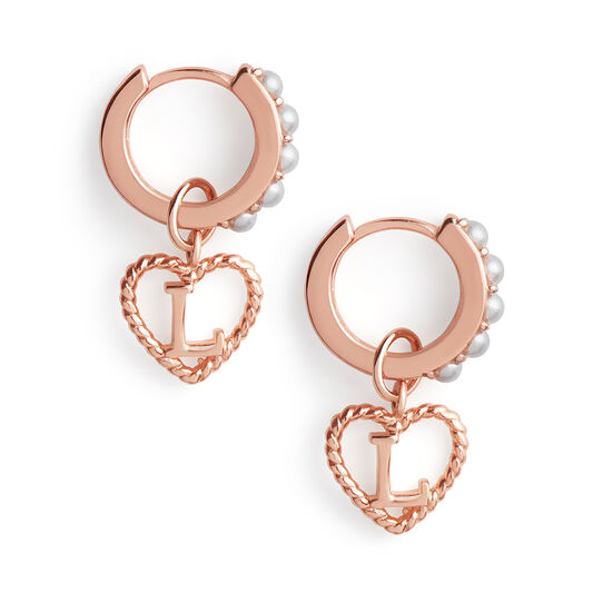 Faux Pearl Heart Initial Huggie Hoop Rose Gold