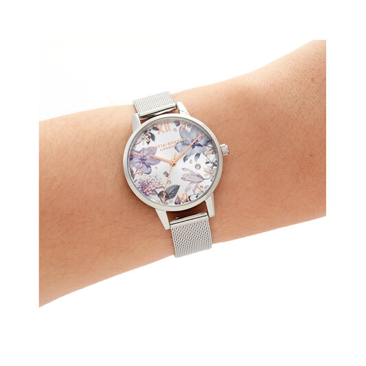 Bejewelled Florals Silver Mesh Watch