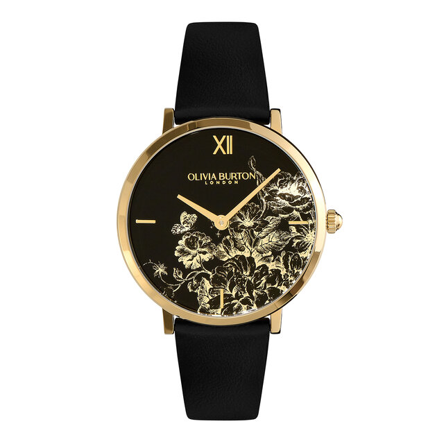 Montre Floral Blooms ultra fine avec bracelet en cuir Or et Noir 35 mm