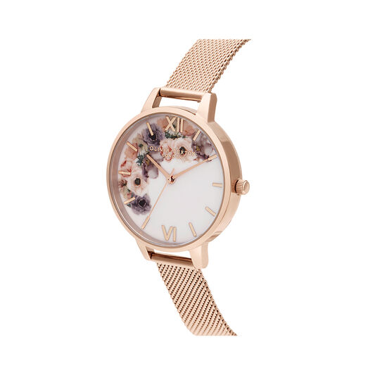 Watercolour Florals Rose Gold Mesh Watch