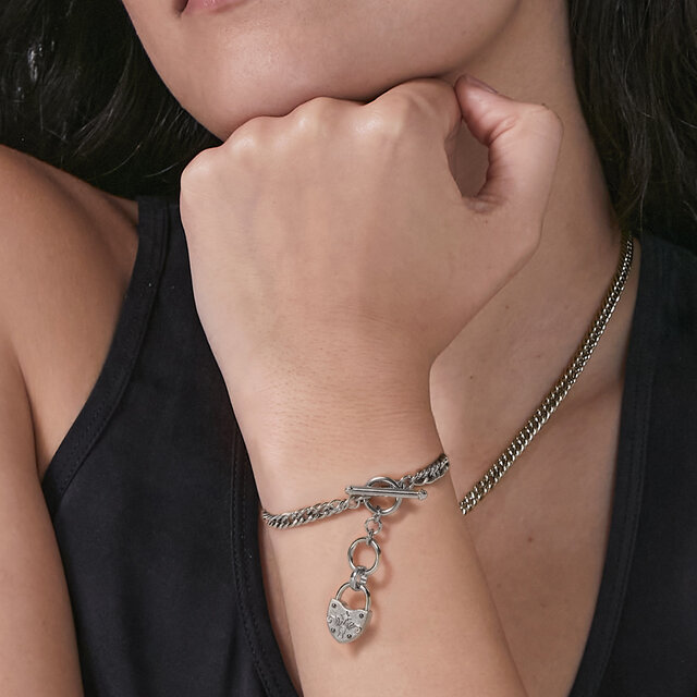 Lock Heart Silver Tone Toggle Bracelet