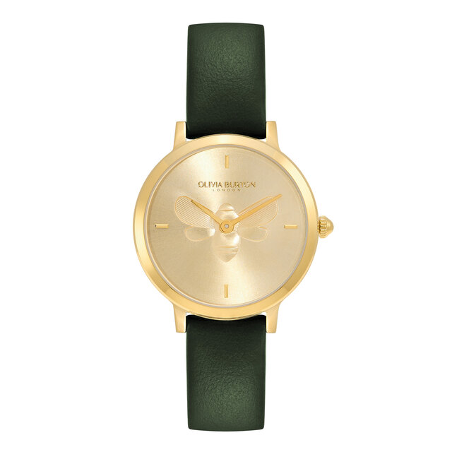 Montre Abeille ultra fine avec bracelet en cuir Or et Vert 28 mm