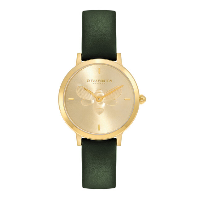 28mm Bee Ultra Slim Gold & Green Leather Strap Watch