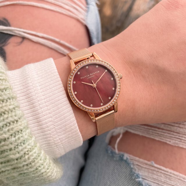 30mm Burgundy & Rose Gold Mesh Watch