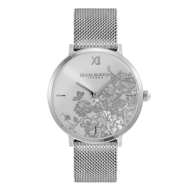 35mm Floral Blooms Ultra Slim Silver Mesh Watch