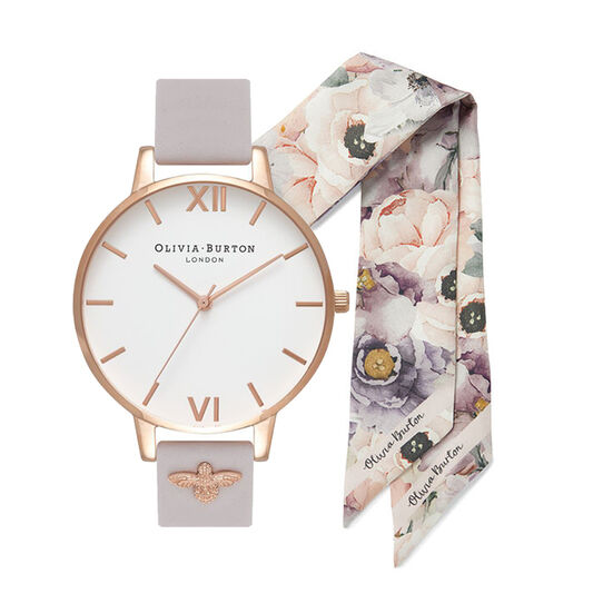3D Bee Embellished Strap Blush & Rose Gold Watch and Watercolour Florals Skinny Scarf Gift Set