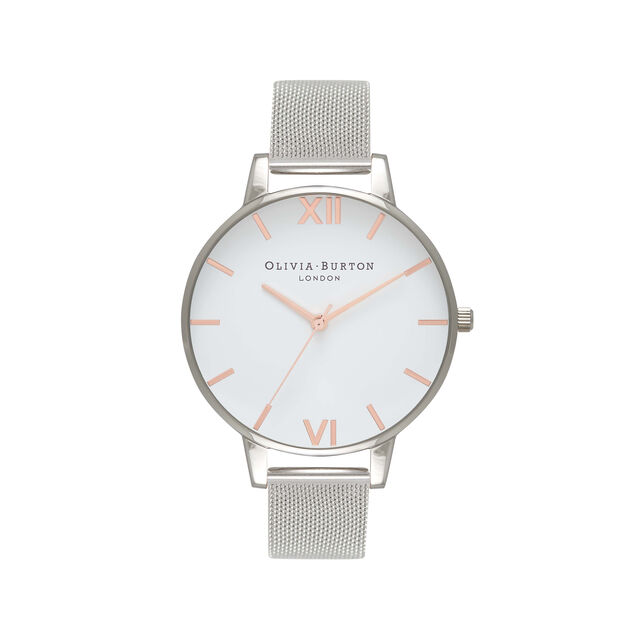 Ladies White Dial Rose Gold Silver Mesh Watch Olivia Burton London