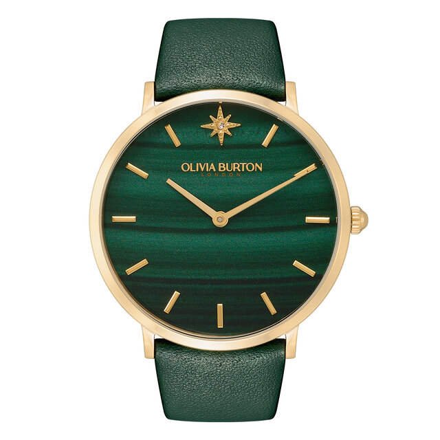 40mm Faux Malachite, Gold & Green Leather Strap Watch