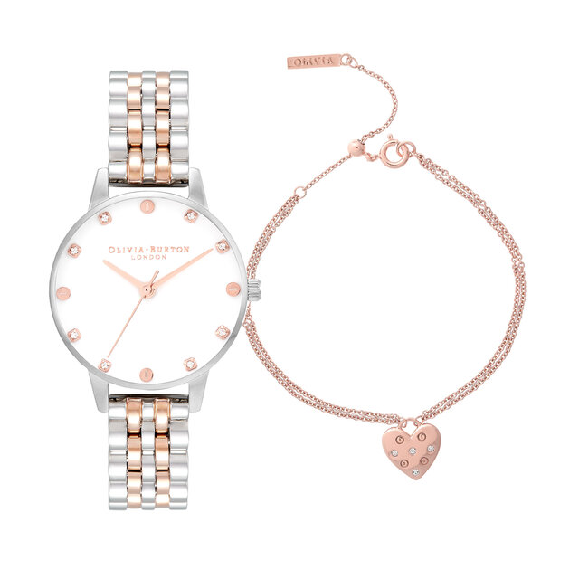 Coffret-cadeau montre Classic à cadran Midi argent et or rose et bracelet Classic Heart