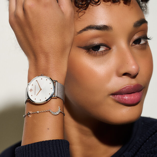 40mm Ultra Slim Silver Mesh Watch & North Star & Moon Silver Bracelet