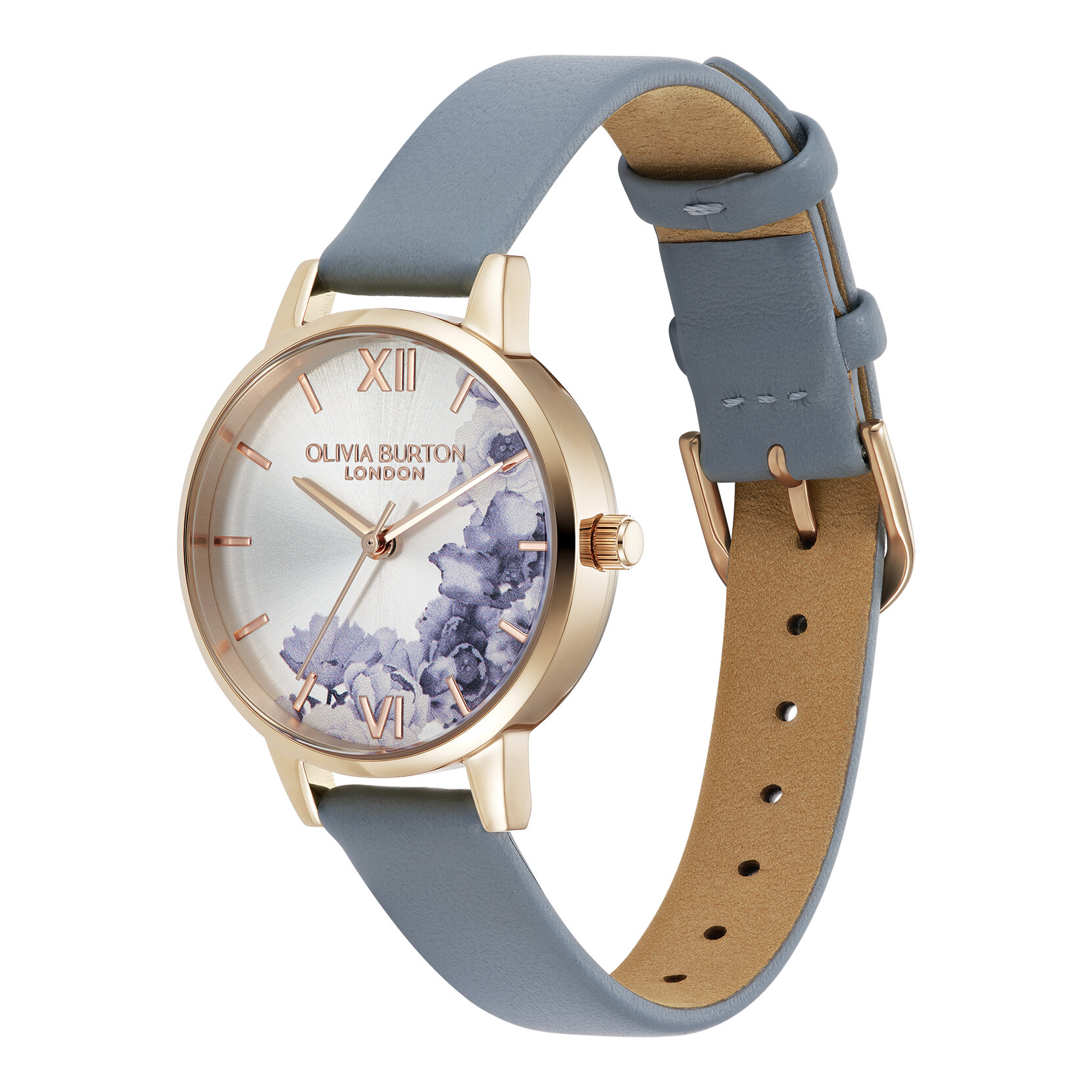 30mm Illustrated Florals Rose Gold & Chalk Blue Leather Strap Watch