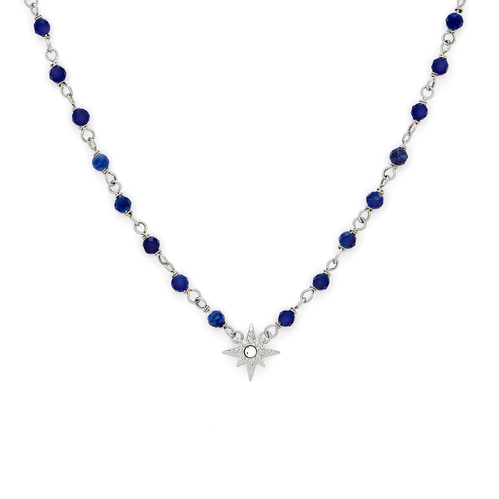 Collier Perlé Bleu & Argent avec Charm Étoile Polaire