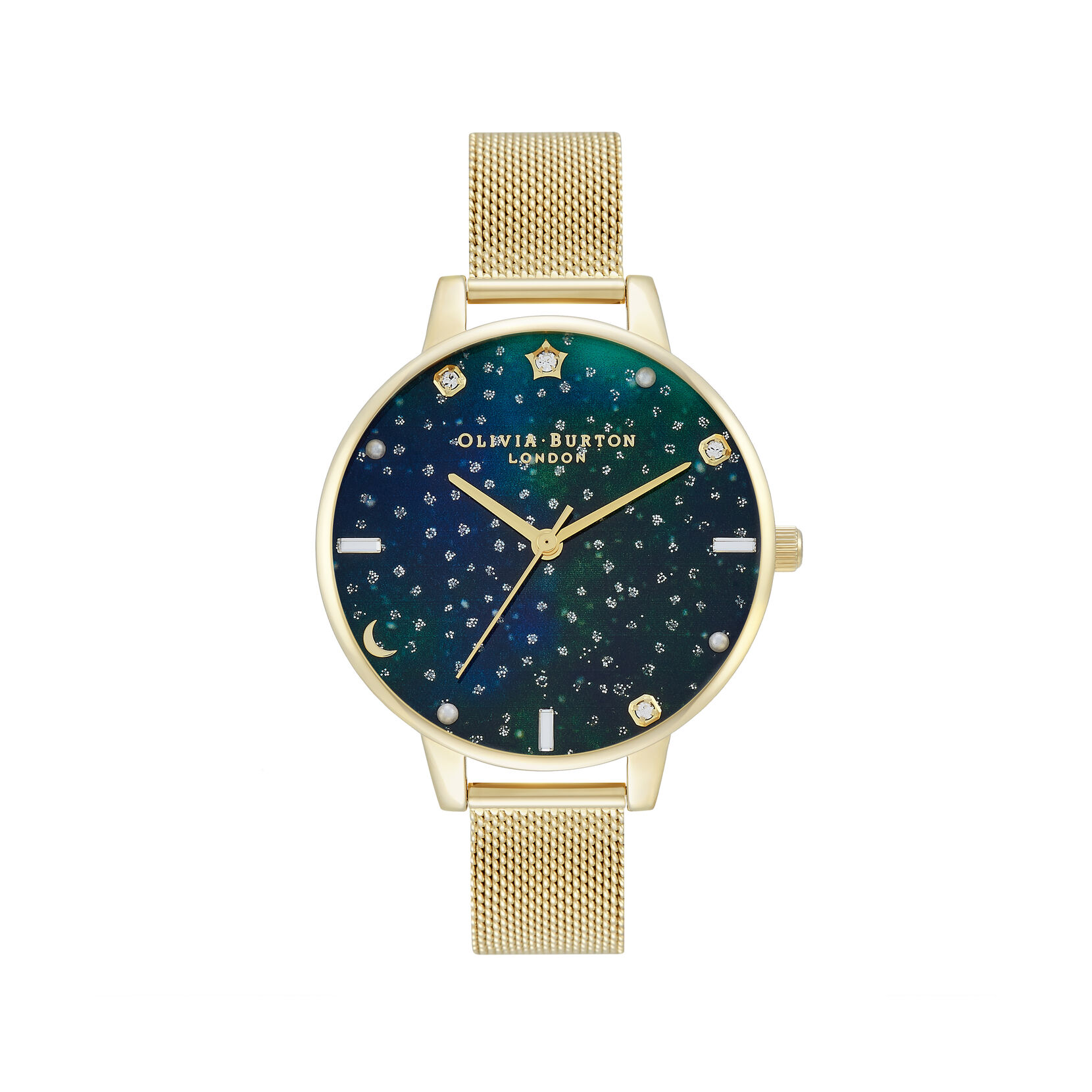 Celestial 34mm Emerald & Gold Mesh Watch