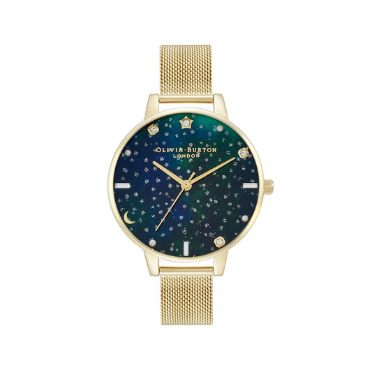 Montre Celestial Galaxy à cadran Demi et bracelet milanais émeraude et or