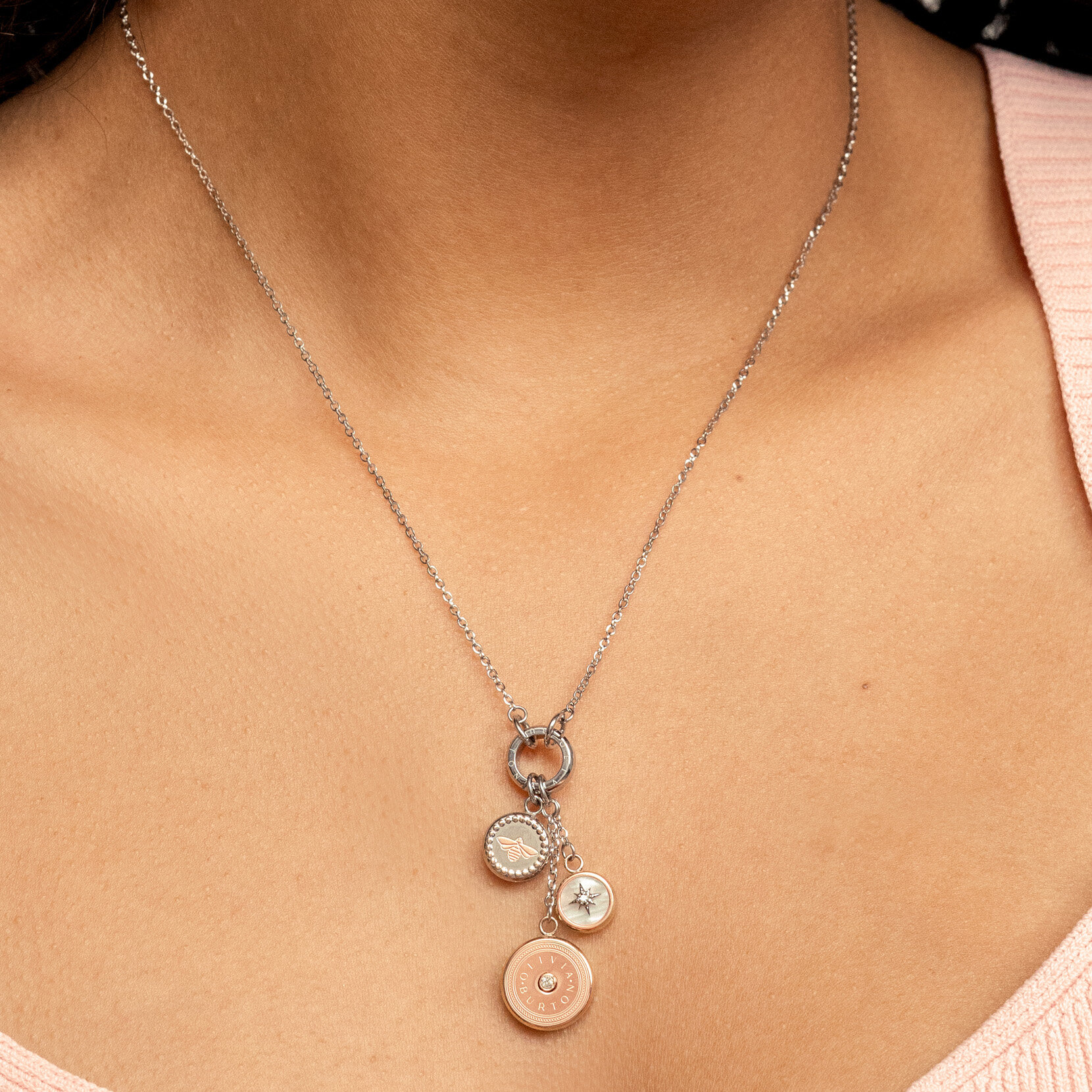 Bee and North Star Silver & Rose Gold Plated Charm Necklace