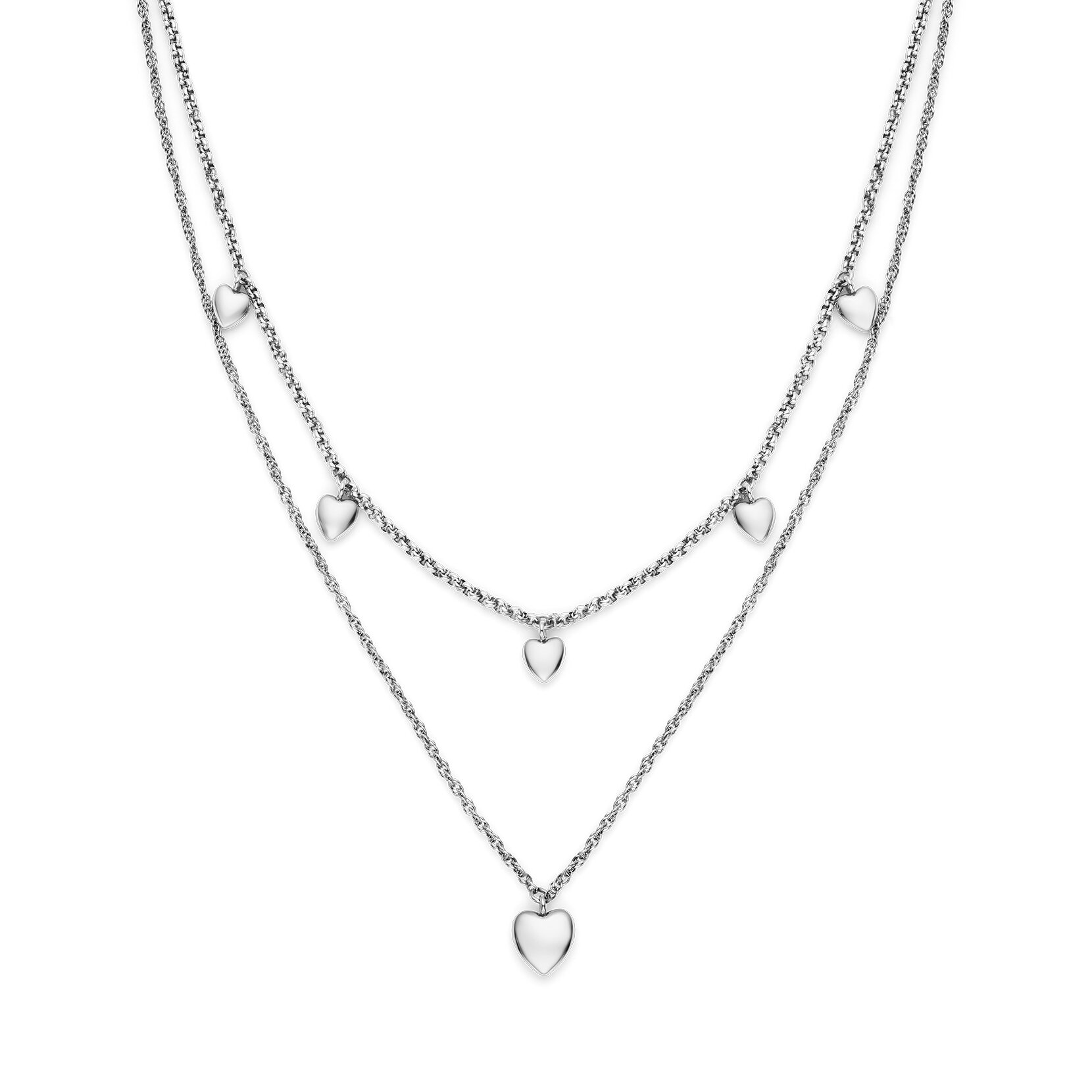 Mini Heart Silver Tone Double Chain Necklace