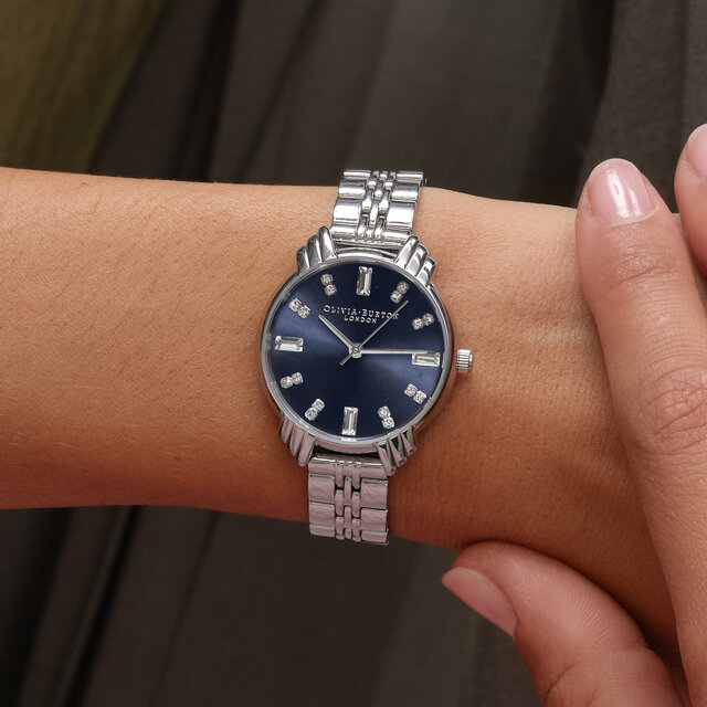 Montre Art déco à cadran midi marine et bracelet argent
