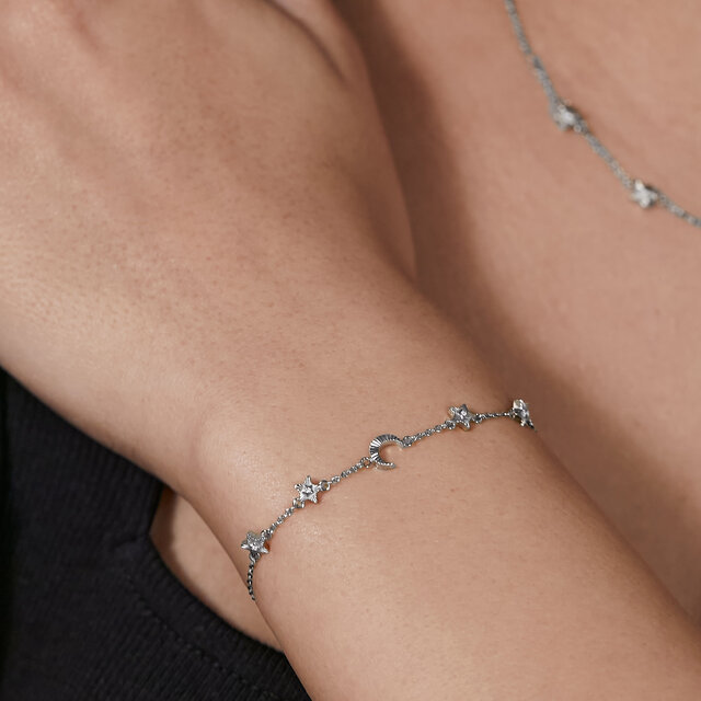 Celestial Mini North Star and Moon Silver Tone Bracelet
