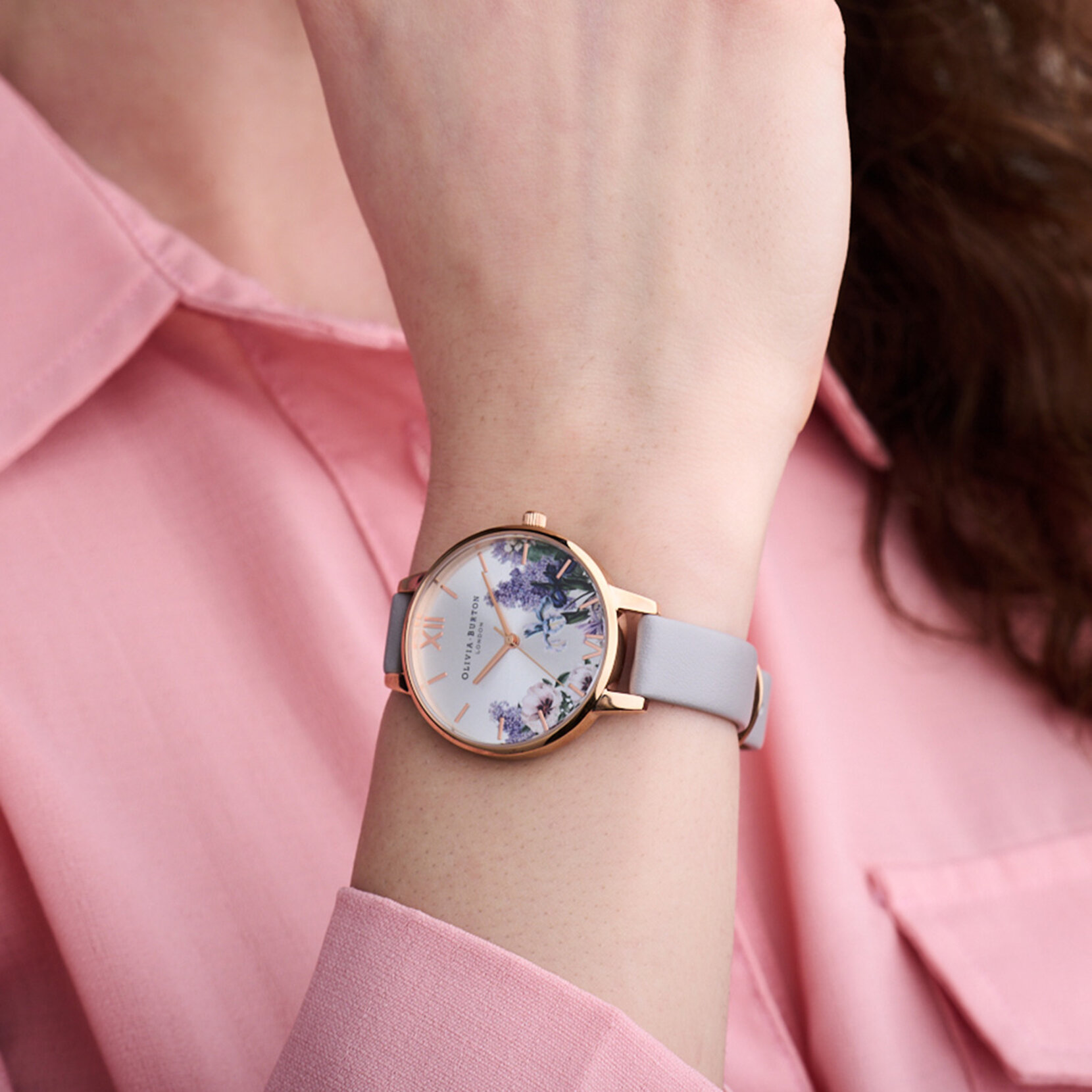 34mm Rose Gold & Grey Leather Strap Watch