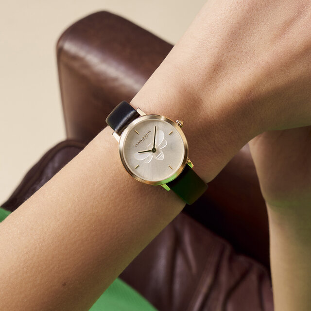 Montre Abeille ultra fine avec bracelet en cuir Or et Noir 28 mm