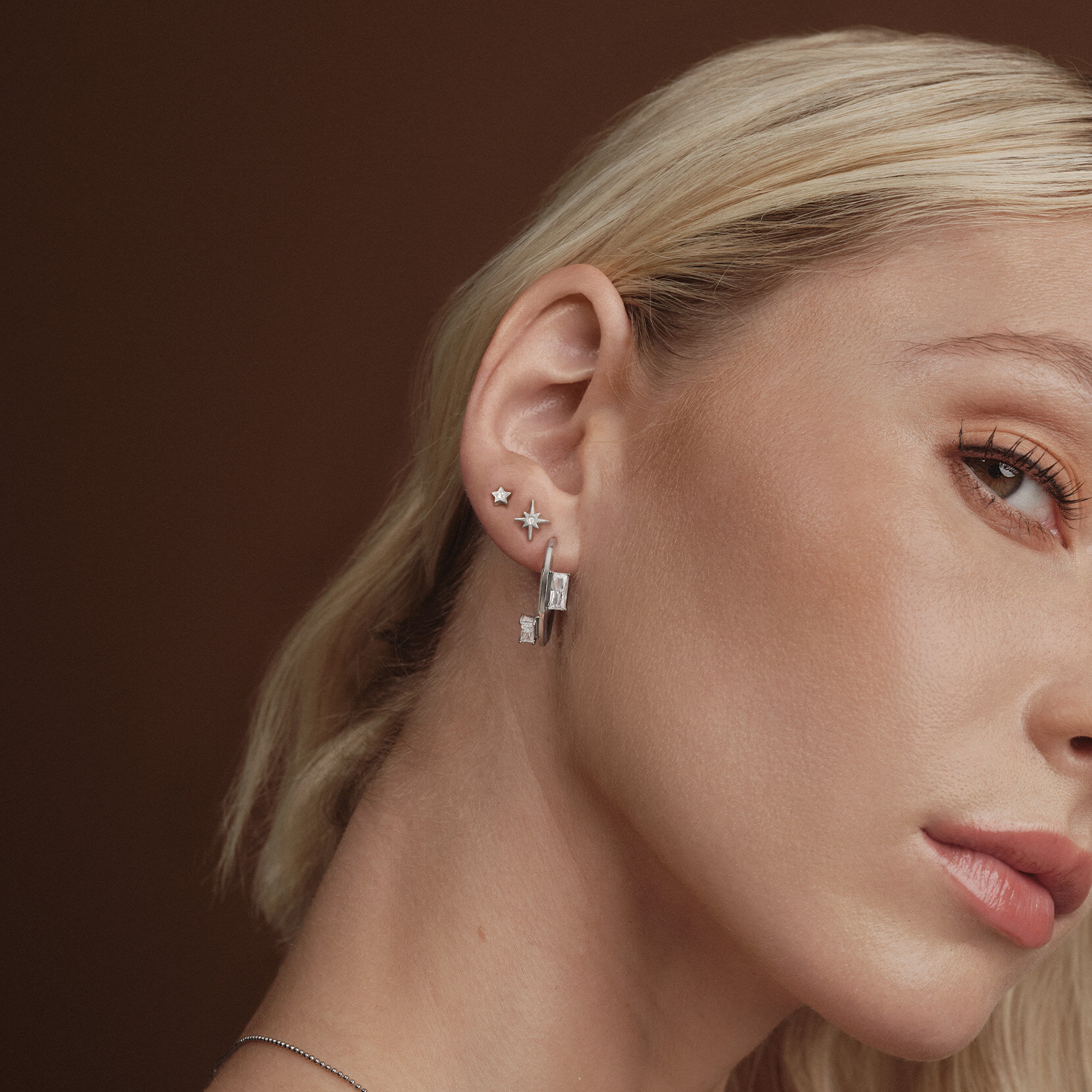 Baguette Crystal Silver Tone Hoop Earrings