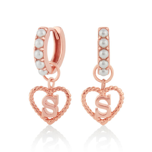 Faux Pearl Heart Initial Huggie Hoop Rose Gold