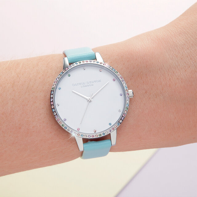 34mm Silver & Blue Leather Strap Watch