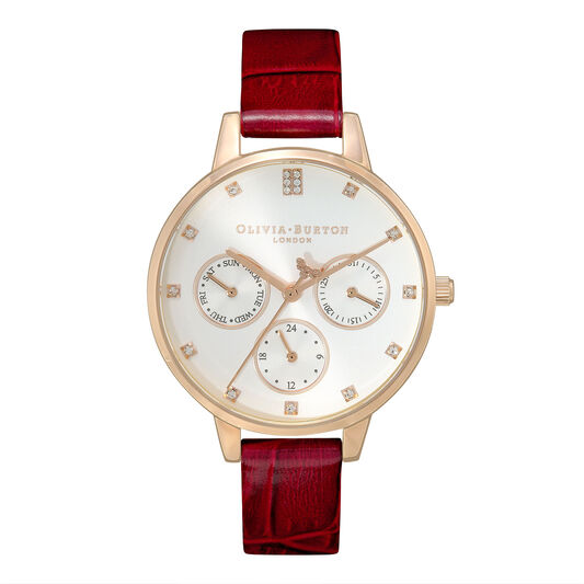 Multifunction 34mm White, Carnation Gold & Burgundy Leather Strap Watch